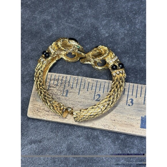 Vintage Craft Goldtone Rhinestone Black Cabochon Rams Head Clamper Bracelet - Picture 8 of 9